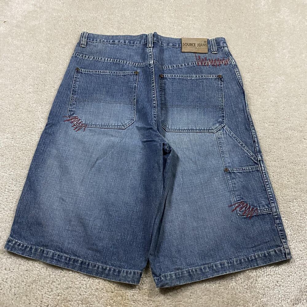 VTG Y2K Source Jeans Shorts Mens 36 Blue Denim Cargo Baggy Embroidered Jorts